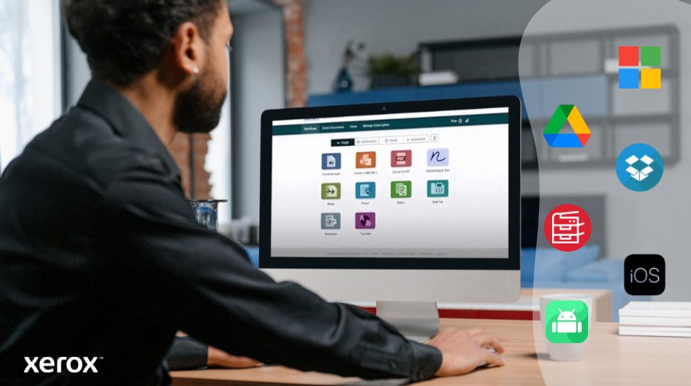 Plateforme Xerox® Workflow Central : compatibilité étendue des plateformes Une personne est assise à un bureau et regarde un écran d'ordinateur affichant l'interface Xerox Workflow Central. À droite, les icônes de Microsoft, Google Drive, Dropbox, un classeur, iOS et Android illustrent la compatibilité étendue.