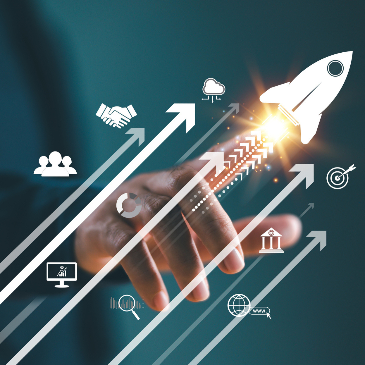 photo digitale d'un home apuyant dur une fusée, innovation de projet