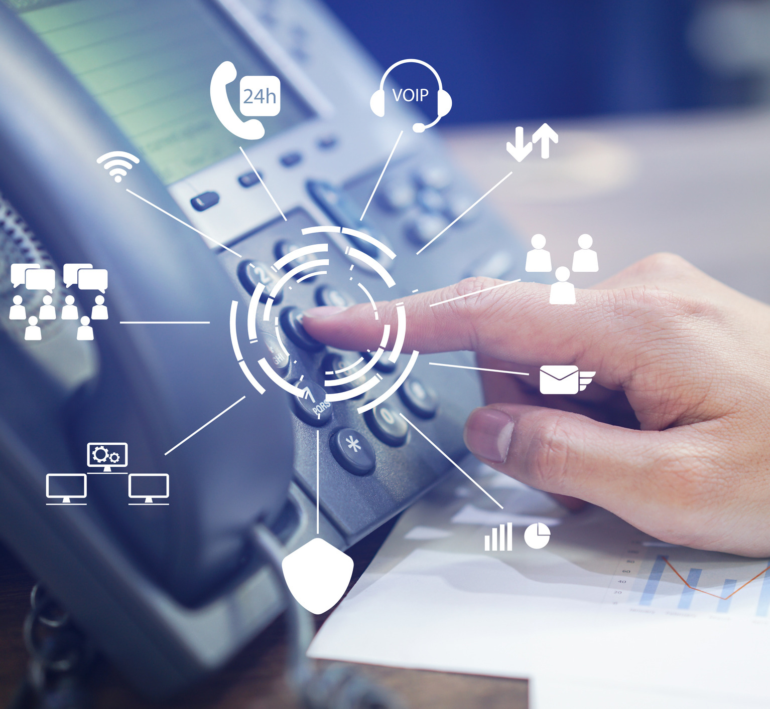 close up employee call center man hand point to press button number on telephone office desk with virtual communication technology concept